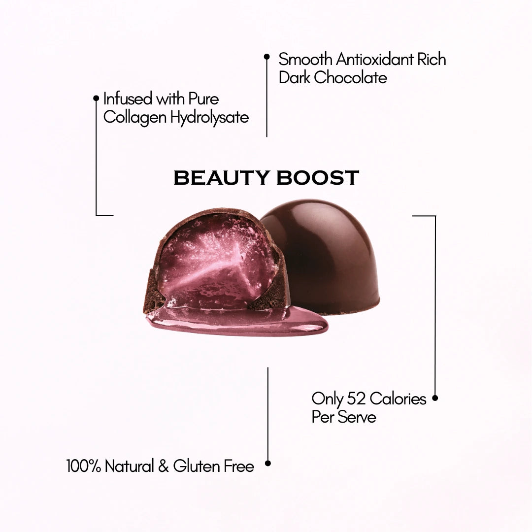 Enjoying one or two of our chocolates daily allows you to reap the long-term benefits of both dark chocolate & collagen. As part of your daily or weekly health & beauty routine, our chocolates provide a consistent, delicious way to nourish your skin, hair, and nails, helping you look radiant and feel confident xo.