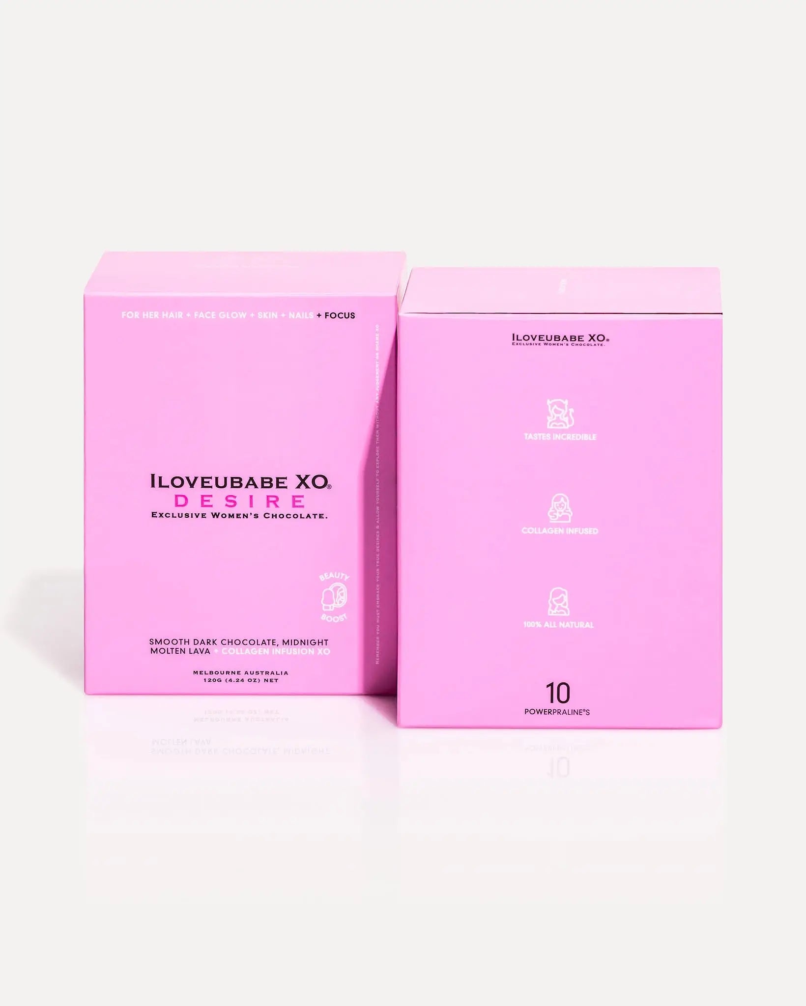 ILOVEUBABE XO® DESIRE - GIRLIE Luxe Ten-Day Chocolate Gift Box
BEAUTY BOOST - SMOOTH DARK CHOCOLATE, MIDNIGHT MOLTEN LAVA & SILKY CHOCOLATE RIBBON + COLLAGEN INFUSION XO
10 POWERPRALINES®