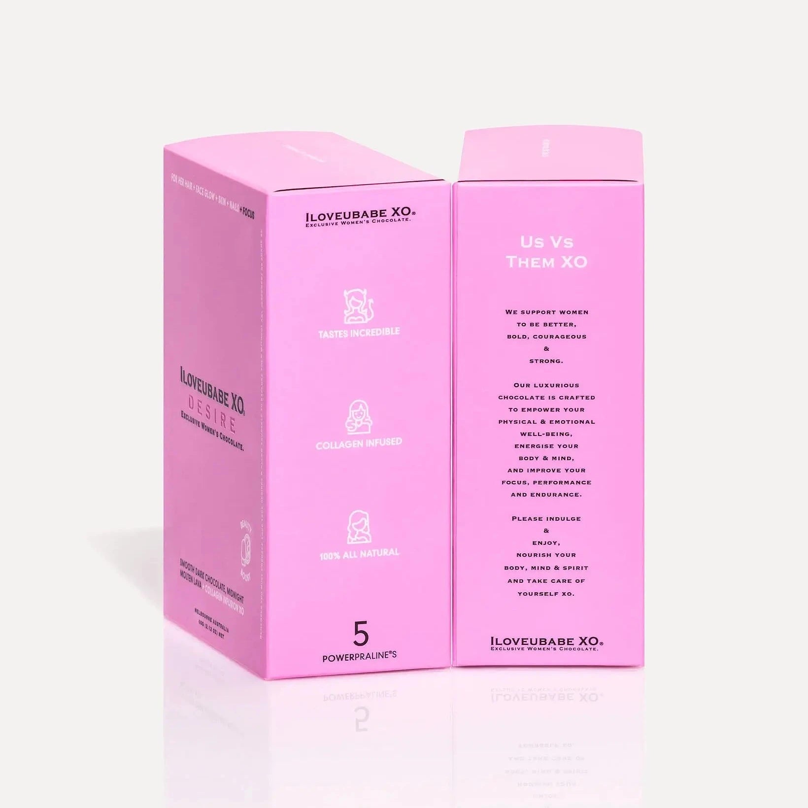 ILOVEUBABE XO® DESIRE - GLITTER Shimmer Five-Day Chocolate Gift Box
BEAUTY BOOST - SMOOTH DARK CHOCOLATE, MIDNIGHT MOLTEN LAVA & SILKY CHOCOLATE RIBBON + COLLAGEN INFUSION XO
5 POWERPRALINES®