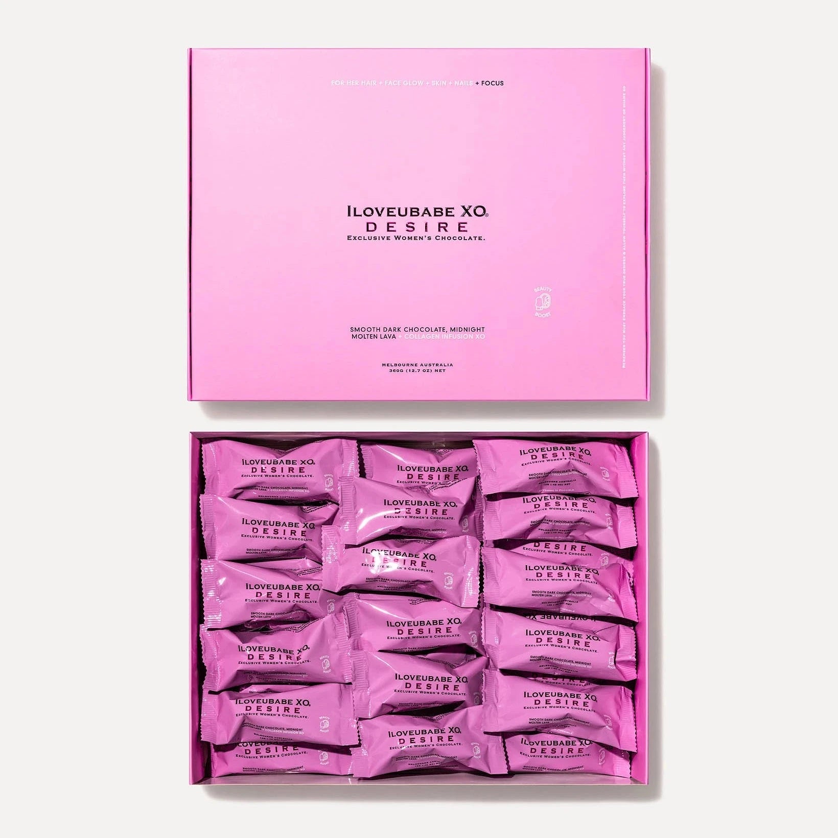 ILOVEUBABE XO® DESIRE - BEAUTY Box Thirty-Cluster Chocolate Gift Box
BEAUTY BOOST - SMOOTH DARK CHOCOLATE, MIDNIGHT MOLTEN LAVA & SILKY CHOCOLATE RIBBON + COLLAGEN INFUSION XO
30 POWERPRALINES®