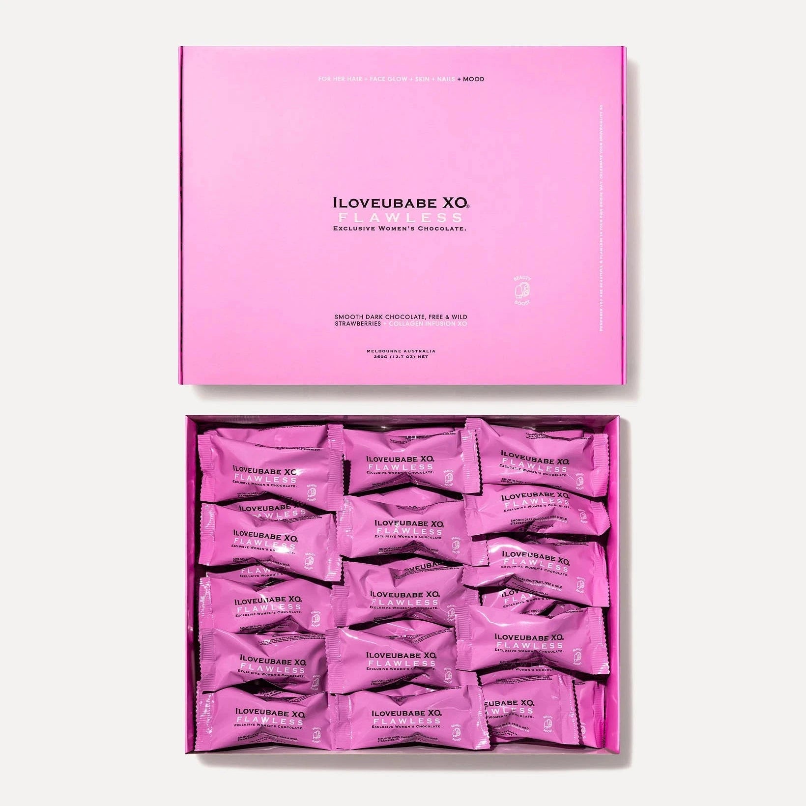 ILOVEUBABE XO® FLAWLESS - BEAUTY Box Thirty-Cluster Chocolate Gift Box
BEAUTY BOOST - SMOOTH DARK CHOCOLATE, FREE & WILD STRAWBERRIES + COLLAGEN INFUSION XO
30 POWERPRALINES®