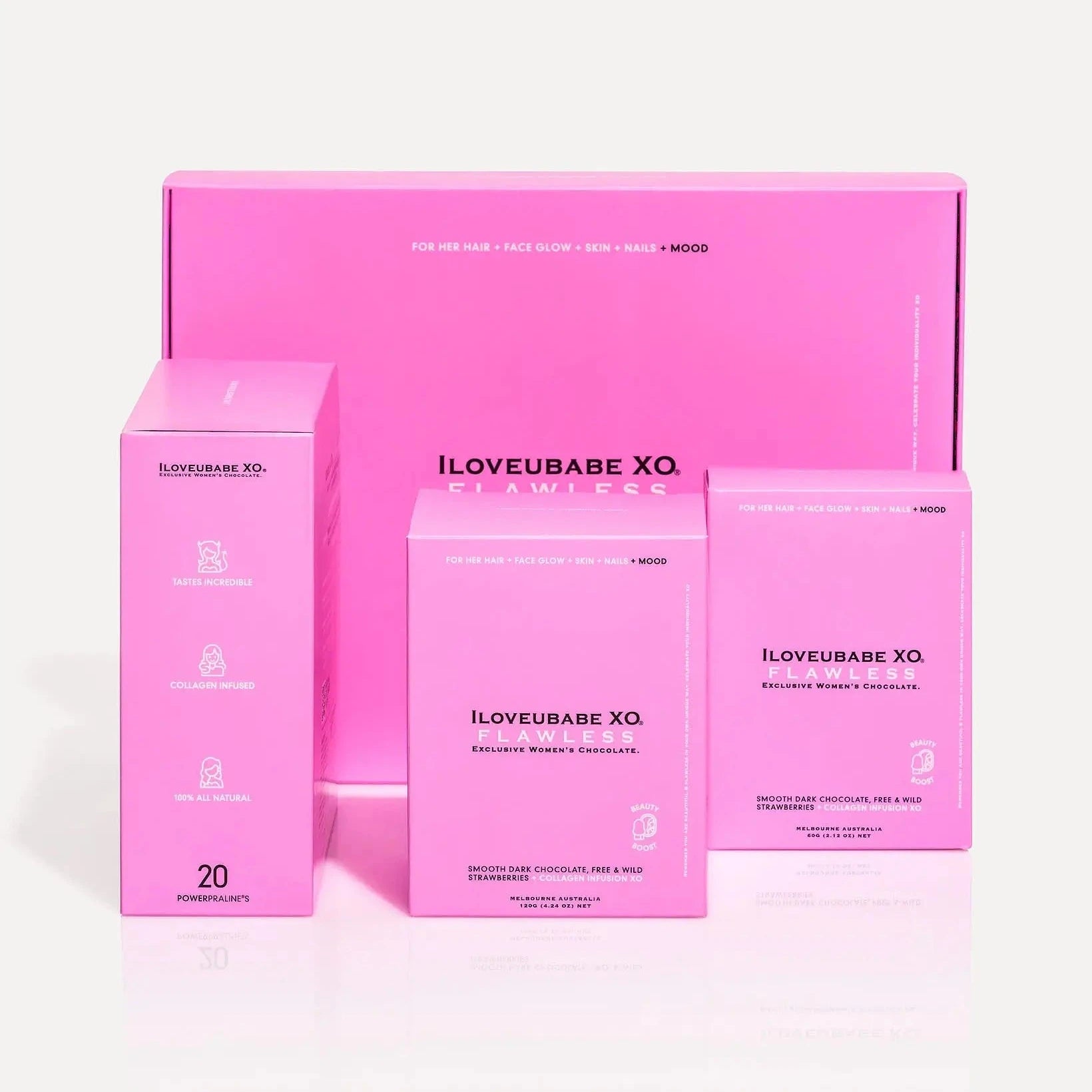 SHOP CHOCOLATE FOR HER HAIR + FACE + SKIN + NAILS + MOOD
SMOOTH DARK CHOCOLATE, FREE & WILD STRAWBERRIES + COLLAGEN INFUSION XO