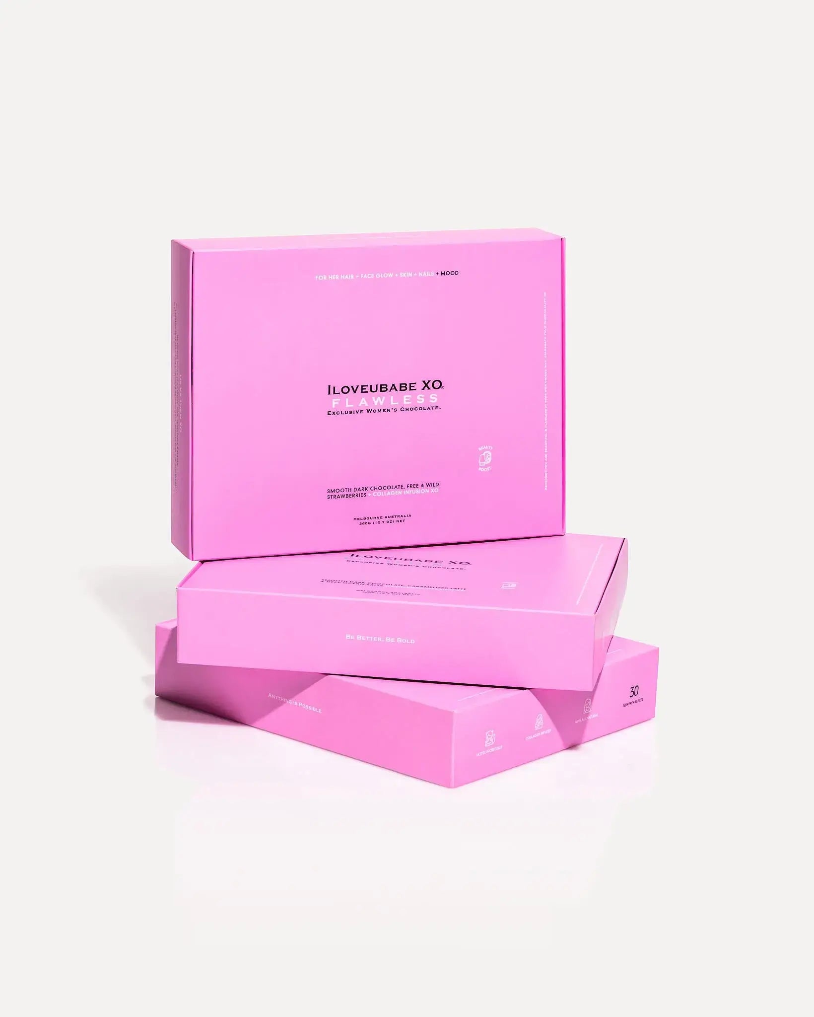 SHOP CHOCOLATE FOR HER HAIR + FACE + SKIN + NAILS + MOOD
SMOOTH DARK CHOCOLATE, FREE & WILD STRAWBERRIES + COLLAGEN INFUSION XO