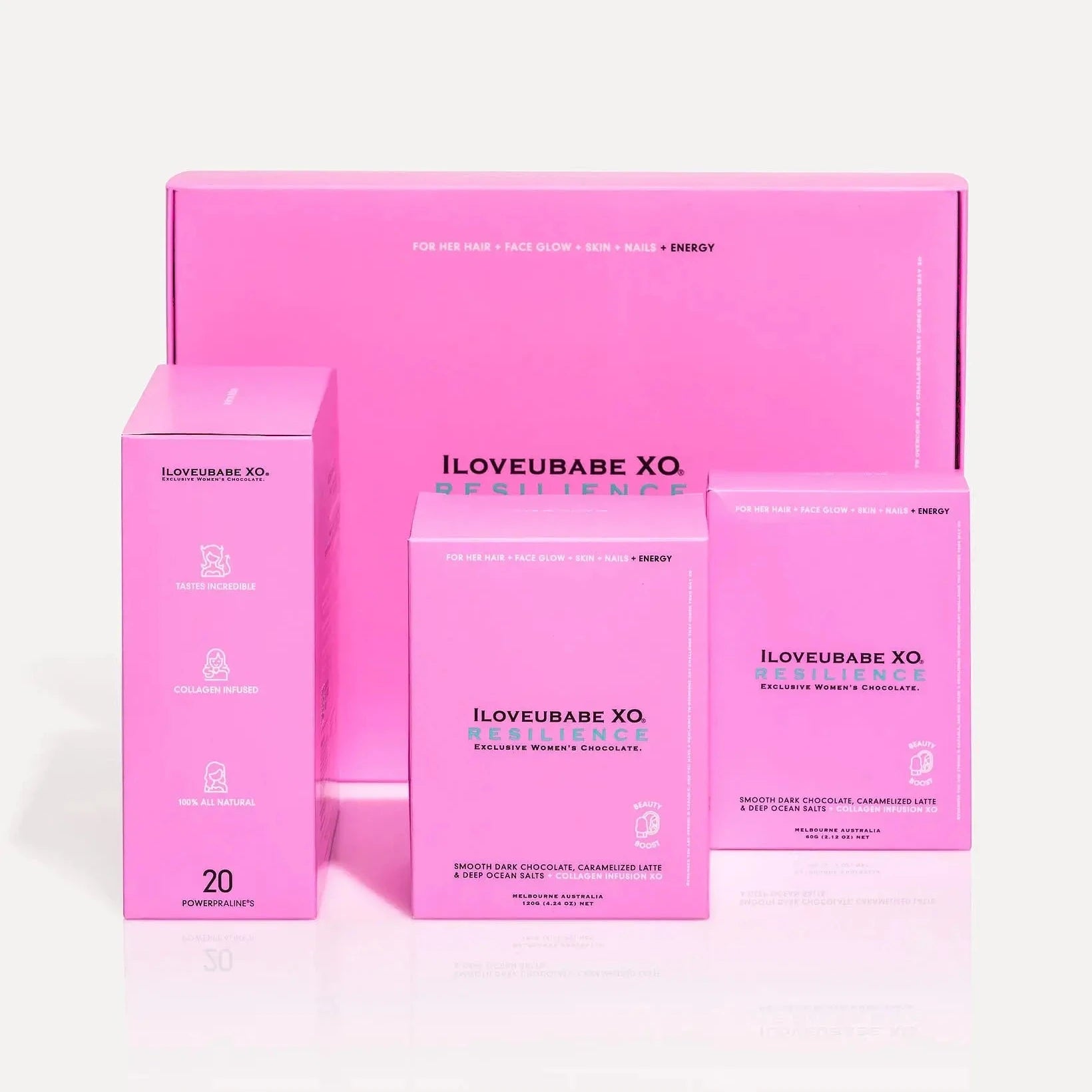 SHOP CHOCOLATE FOR HER HAIR + FACE + SKIN + NAILS + ENERGY
SMOOTH DARK CHOCOLATE, CARAMELIZED LATTE & DEEP OCEAN SALTS + COLLAGEN INFUSION XO