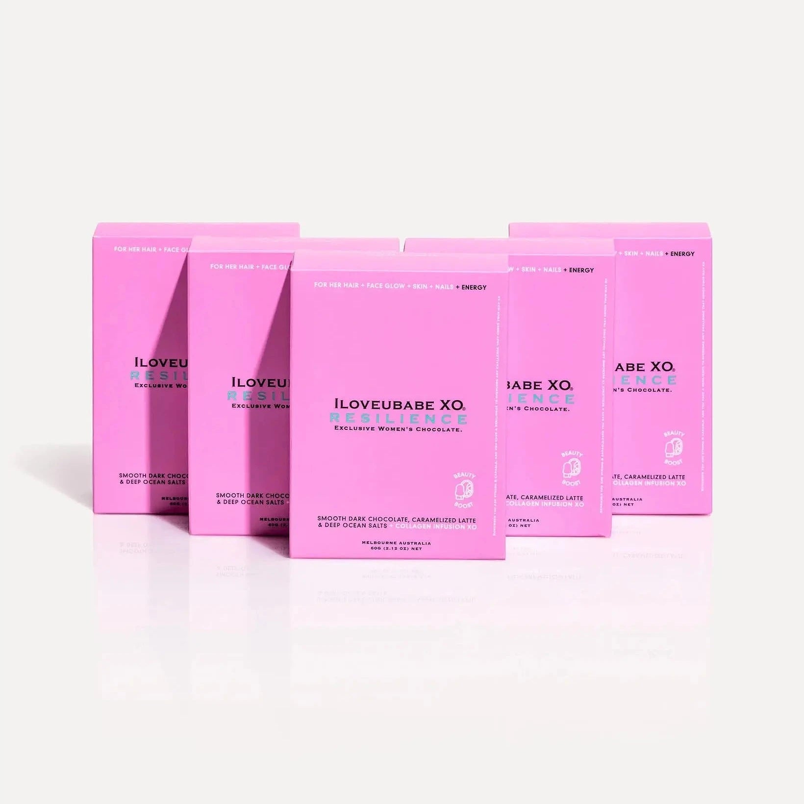 RESILIENCE BUNDLE - You Are Strong & Resilient BEAUTY BABE BUNDLE XO
BEAUTY BOOST - SMOOTH DARK CHOCOLATE, SMOKEY CARAMELIZED LATTE & DEEP OCEAN SALTS + COLLAGEN INFUSION XO
FIVE ILOVEUBABE XO® RESILIENCE - GLITTER Shimmer Five-Day Chocolate Gift Boxes
25 POWERPRALINES®