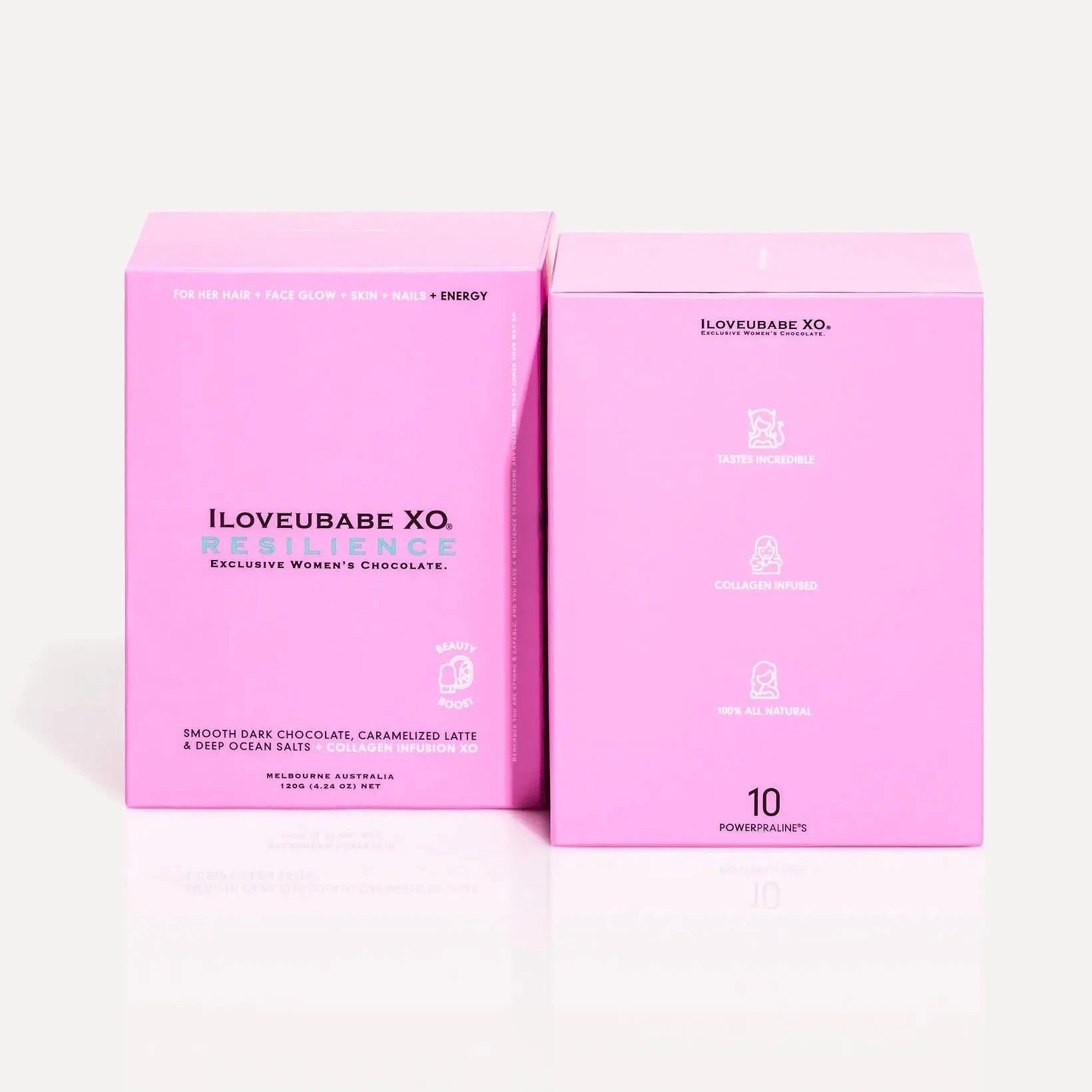 ILOVEUBABE XO® RESILIENCE - GIRLIE Luxe Ten-Day Chocolate Gift Box
BEAUTY BOOST - SMOOTH DARK CHOCOLATE, SMOKEY CARAMELIZED LATTE & DEEP OCEAN SALTS + COLLAGEN INFUSION XO
10 POWERPRALINES®
