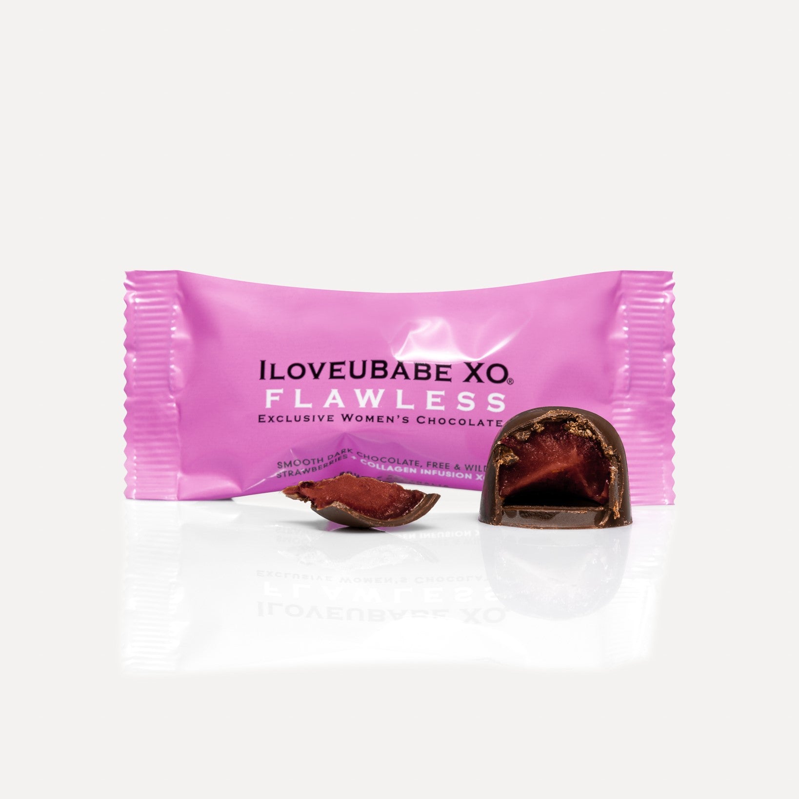ILOVEUBABE XO® FLAWLESS - POWERPRALINE®
BEAUTY BOOST - SMOOTH DARK CHOCOLATE, FREE & WILD STRAWBERRIES + COLLAGEN INFUSION XO
